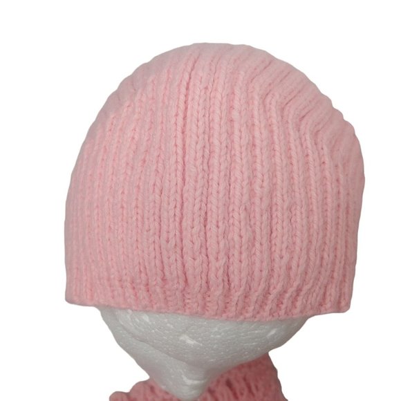 Vintage Handmade Crochet Little Girls Winter Hat And Scarf Set Pom Pom Pink - Picture 12 of 16